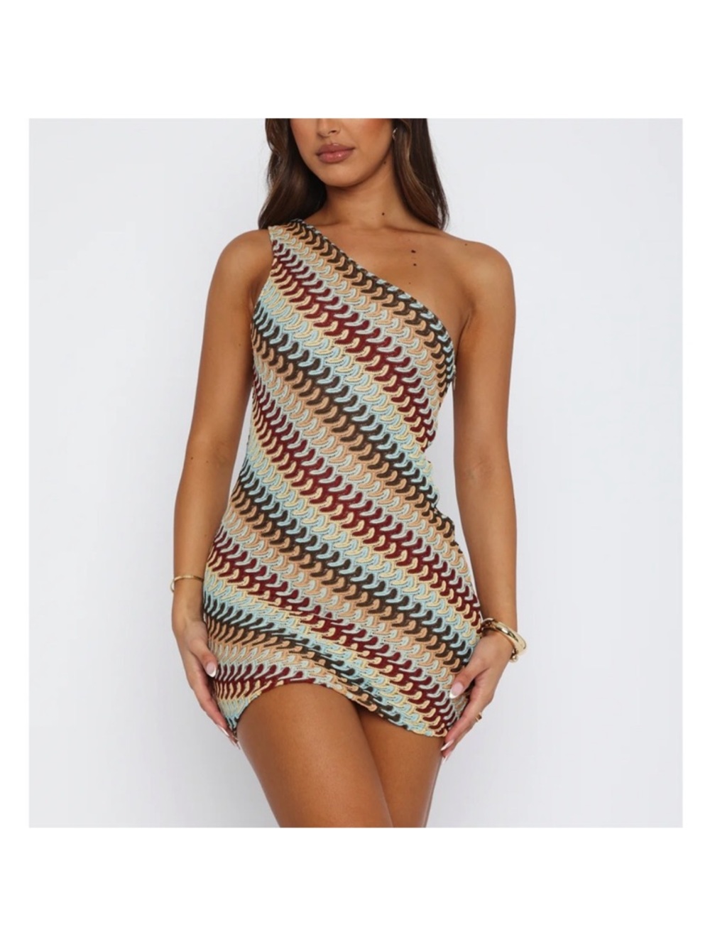 WHITE FOX One-Shoulder Multi-Color Crochet Mini Dress NEW